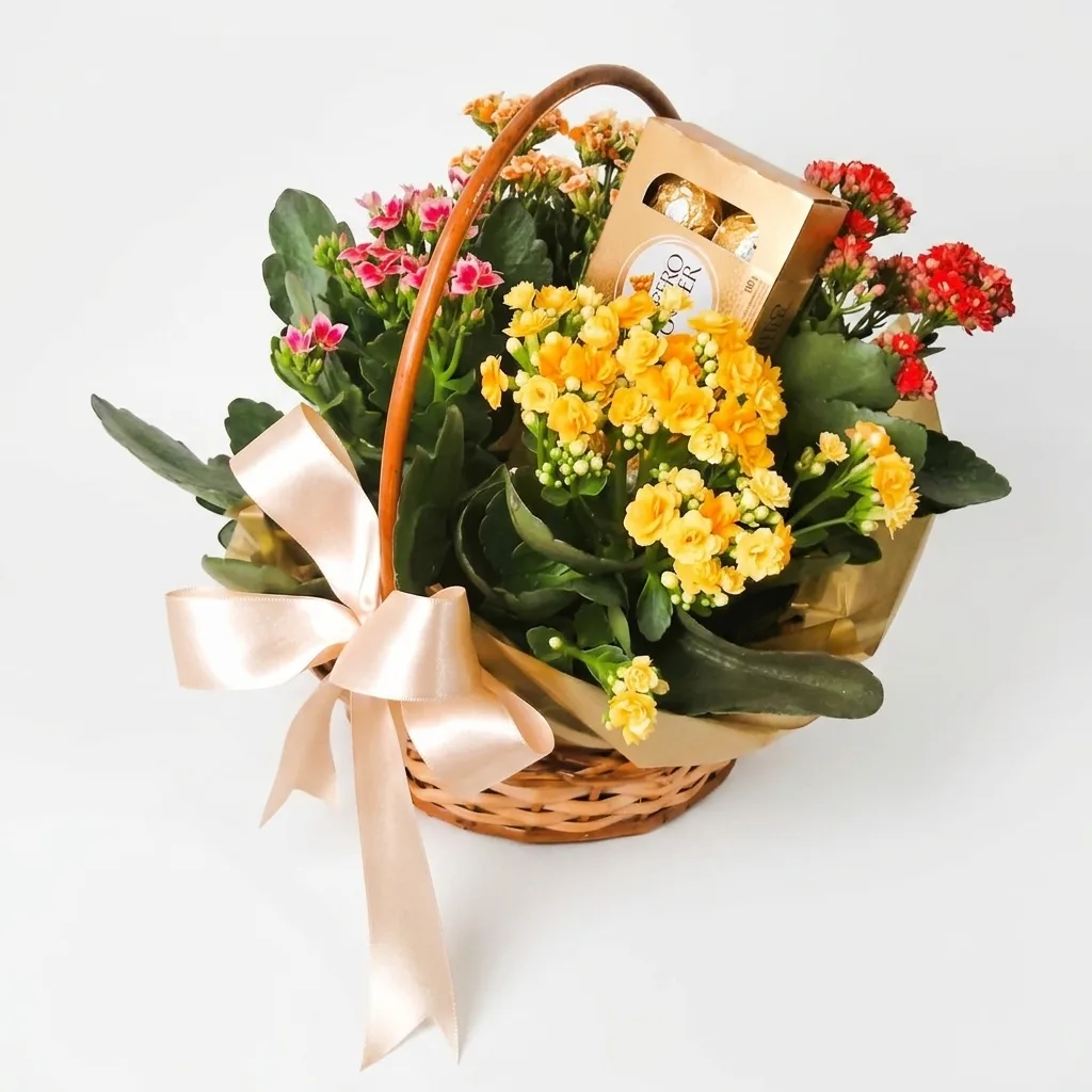 Cesta Redonda em Vime G Com Flores Plantadas e Chocolates Ferrero Rocher