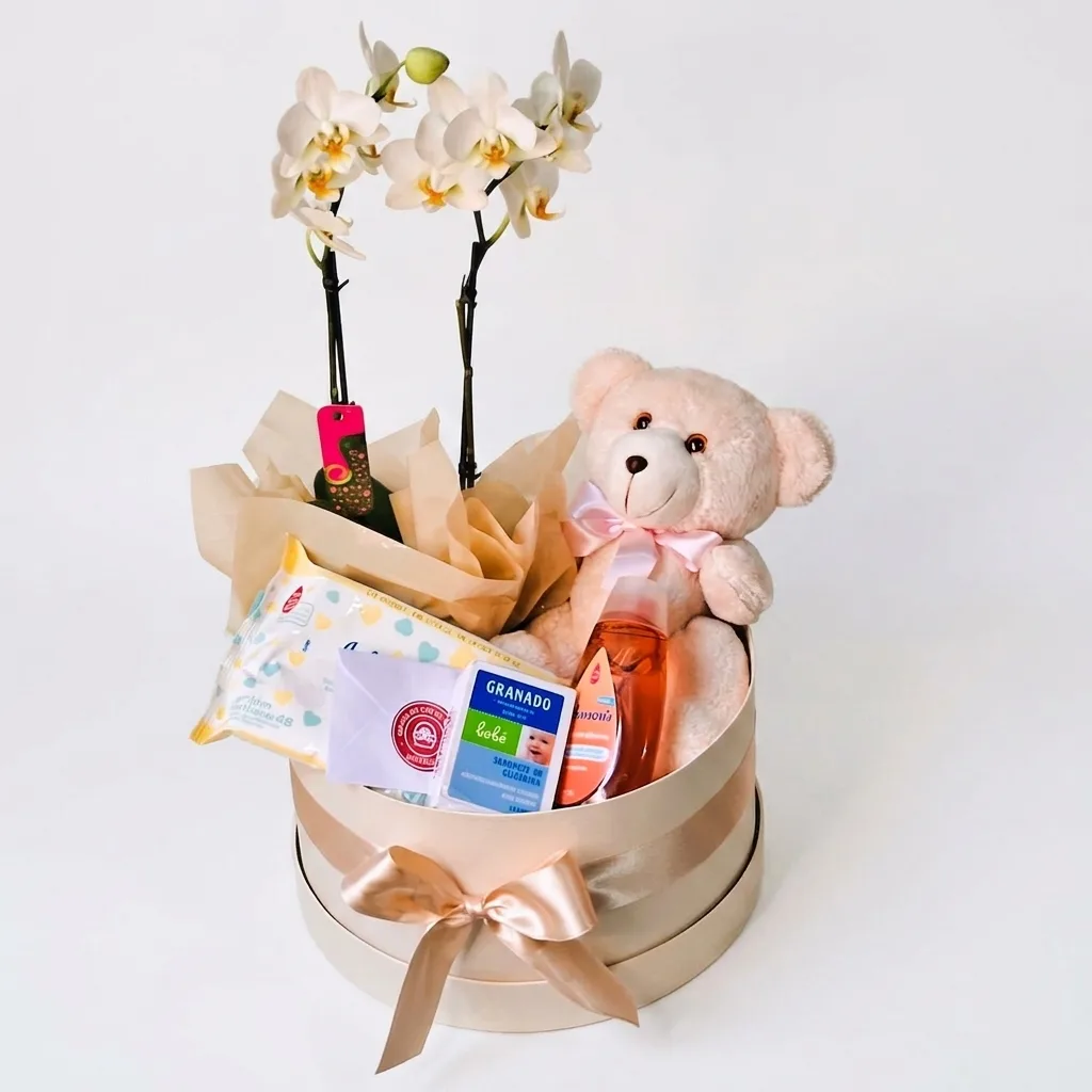Cesta Maternidade Cartonada G com Urso de Pelúcia e Orquídea