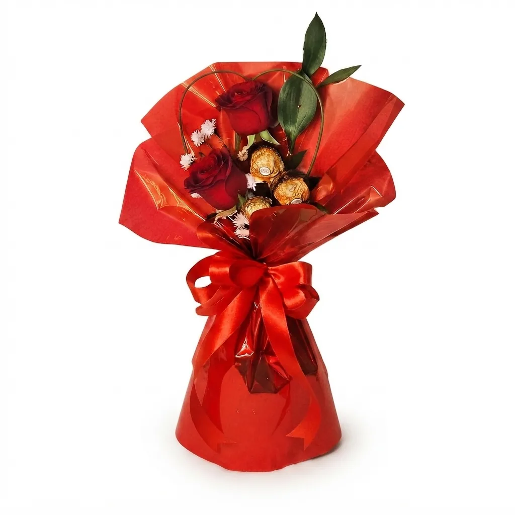 Buquê Pequeno com 2 Rosas e 3 Ferreros
