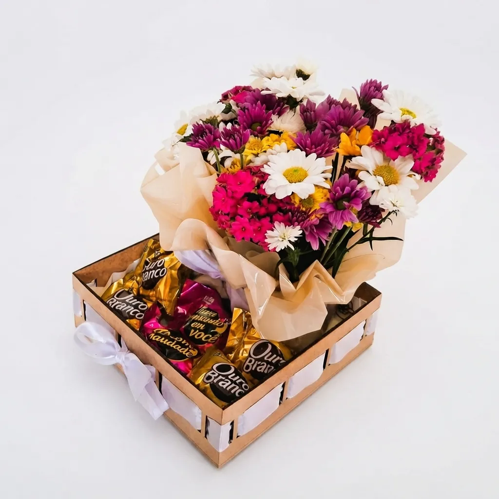 Bandeja Quadrada Passa Fita P em MDF com Flores do Campo e Chocolates