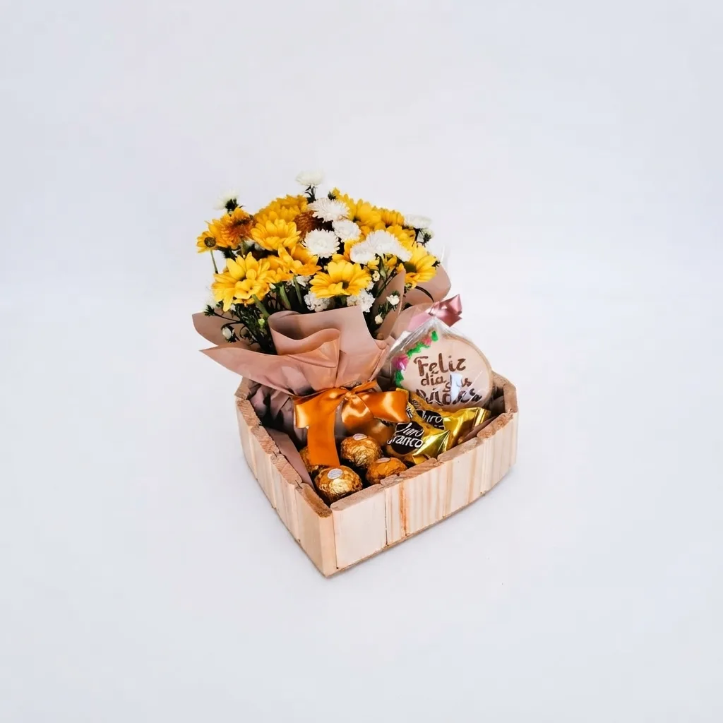 Mini Cesta de Presente com Arranjo Pequeno e 4 Ferrero