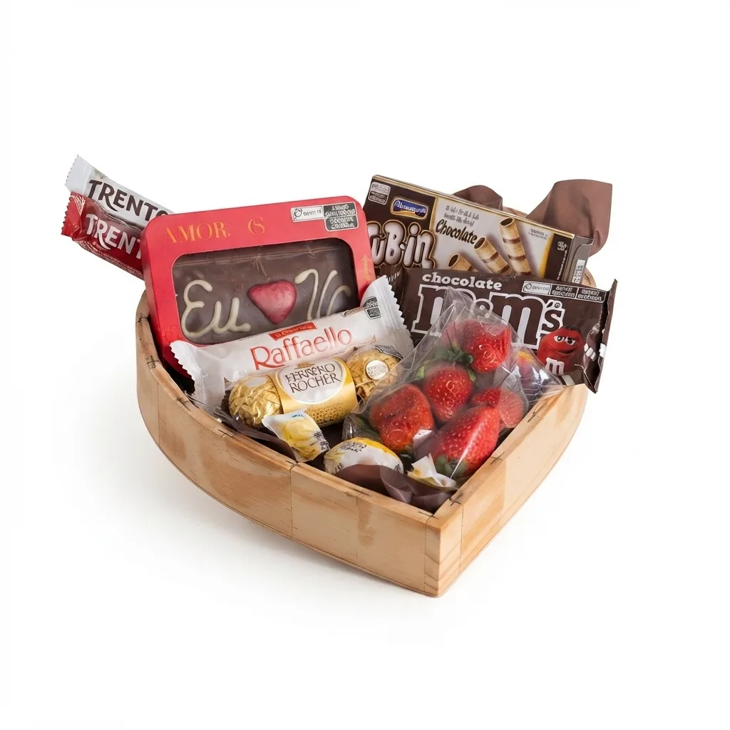 Cesta de Guloseimas Coração Rústico M Chocolates e Morangos