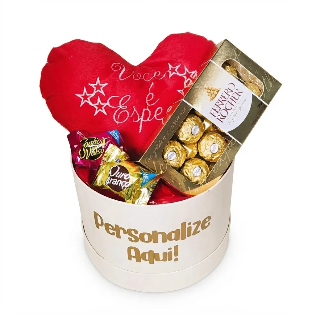 Caixa Box Luxo Redonda P com Coração de Pelúcia e Chocolates