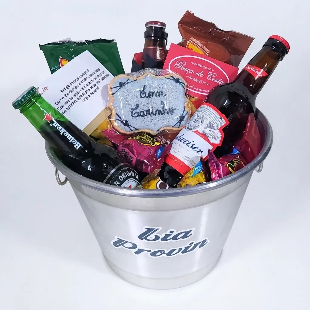Balde Cerveja em Alumínio M com 3 Garrafas Petiscos e Chocolates