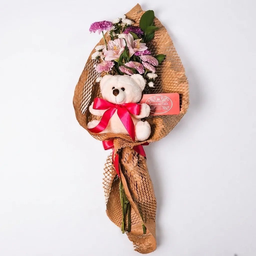 Buquê Pequeno com Flores do Campo Mini Urso