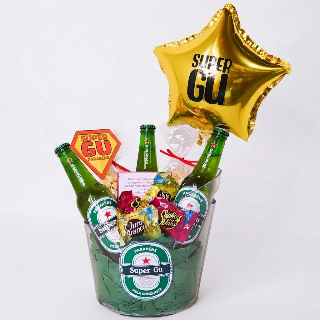 Balde em Acrílico 3 Cervejas Petiscos Chocolates e Balão Personalizados