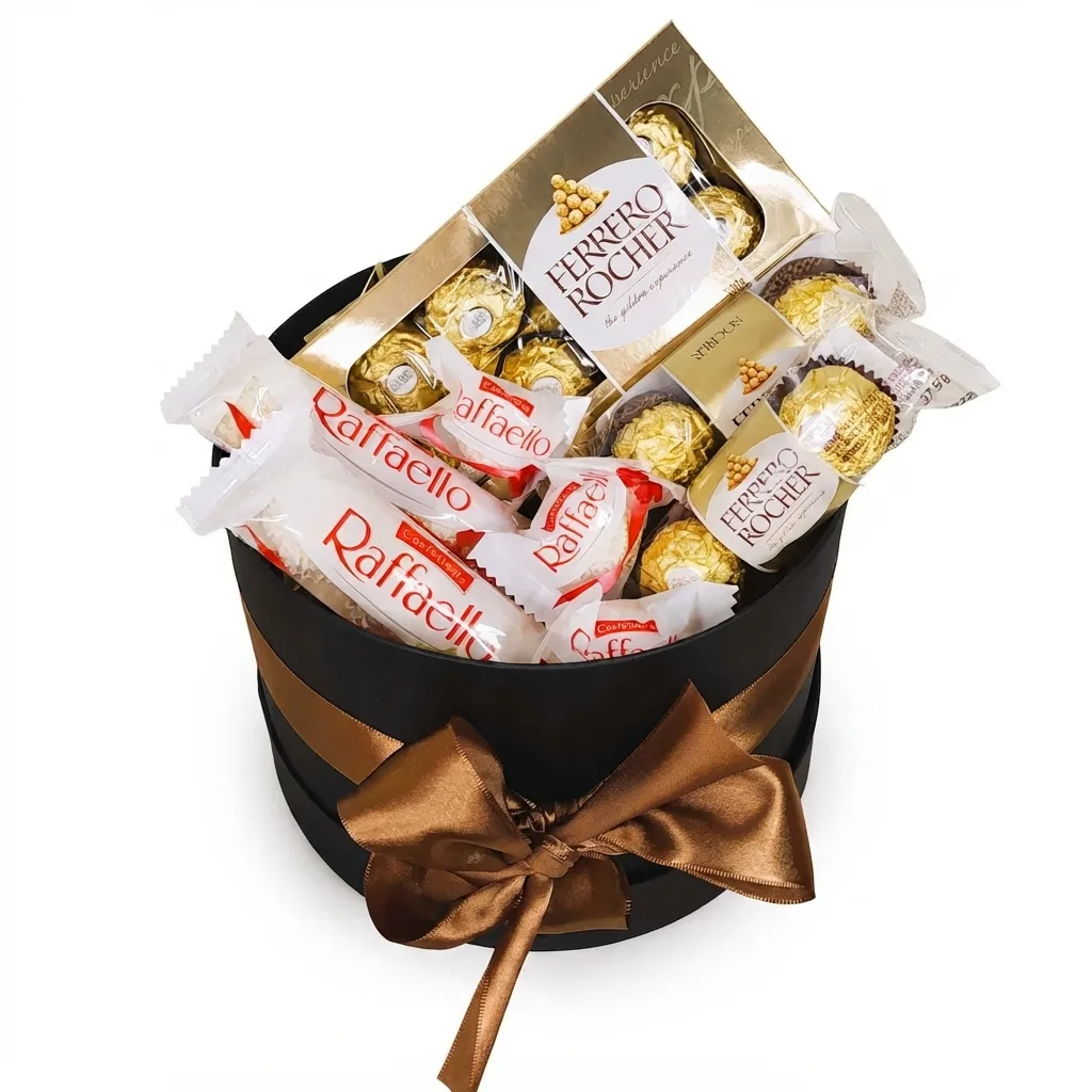 Cesta Box Luxo Redonda P com Chocolates Rafaello e Ferrero