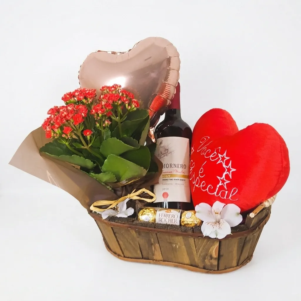 Cesta de Presente Rústica P com Coração de Pelúcia, Flor Plantada e Vinho