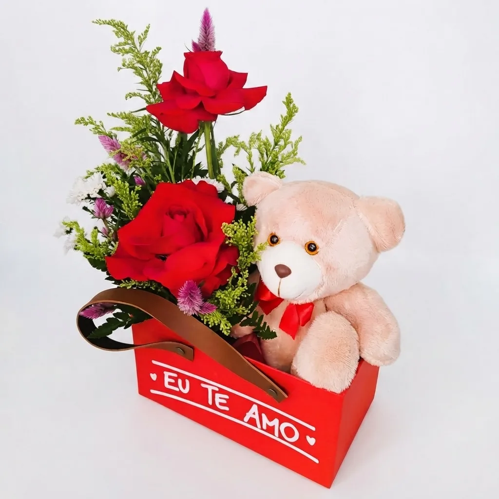 Cesta Sacola M Vermelha com Urso de Pelúcia e Arranjo 2 Rosas