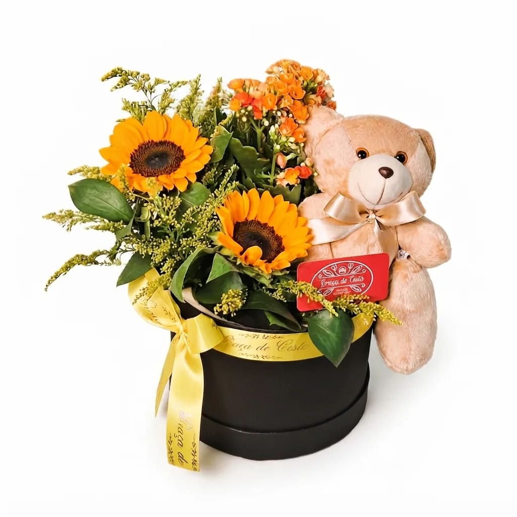 Box Luxo P com Girassóis Flores e Urso de Pelúcia