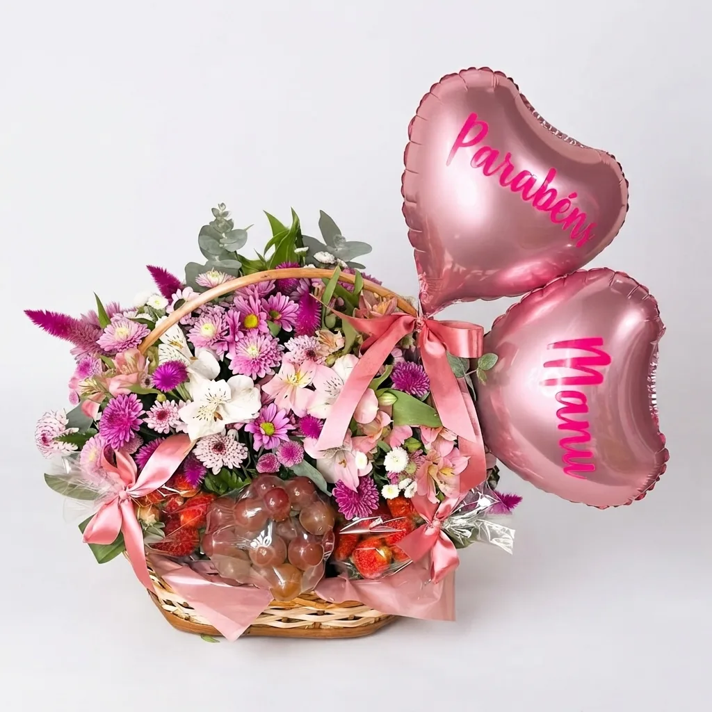 Cesta de Aniversário com Flores do Campo e Balões e Frutas