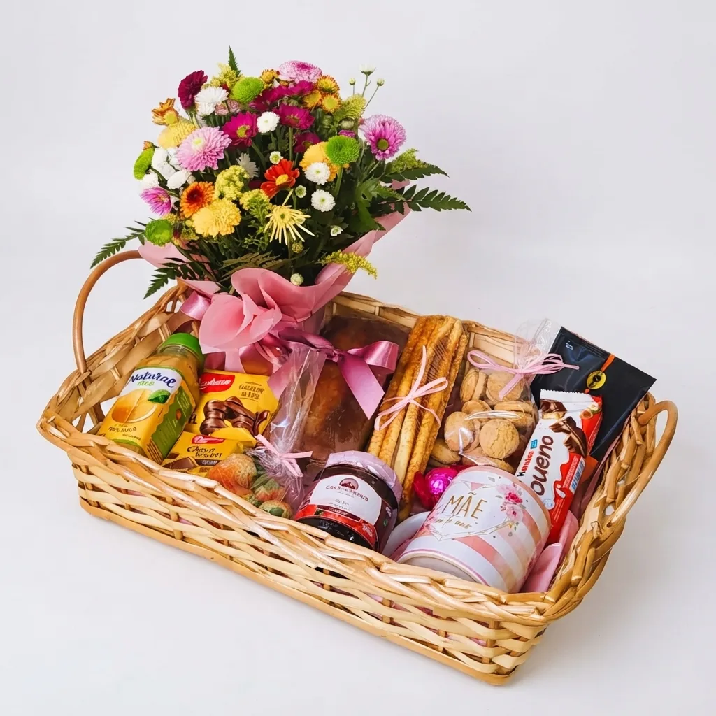 Bandeja de Café em Vime G com Arranjo de Flores e Caneca Personalizada