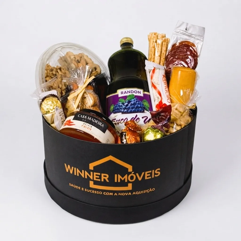Cesta Empresarial Corporativa Acartonada Redonda G Personalizada com Suco Petiscos e Chocolates