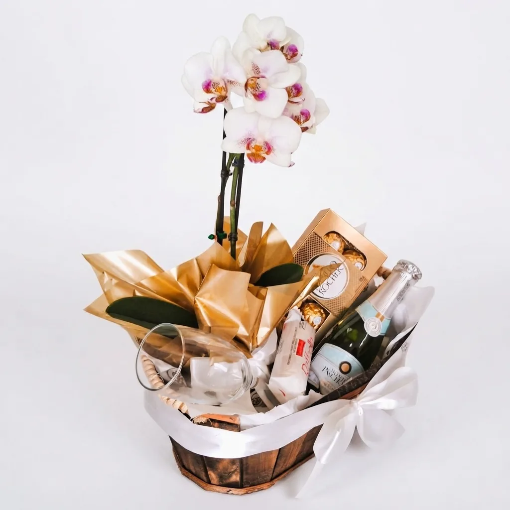 Cesta Tina P com Orquídea e Mini Espumante