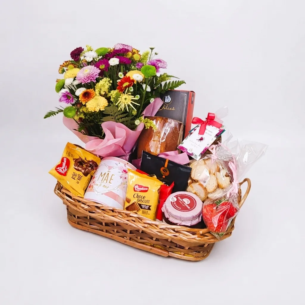 Bandeja de Café em Vime P com Arranjo de Flores e Caneca Personalizada