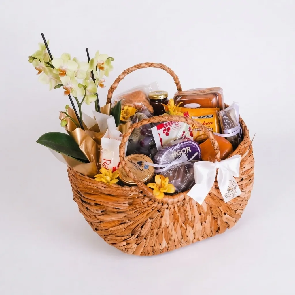 Bolsa de Palha Luxo G com Café da Manhã e Orquídea