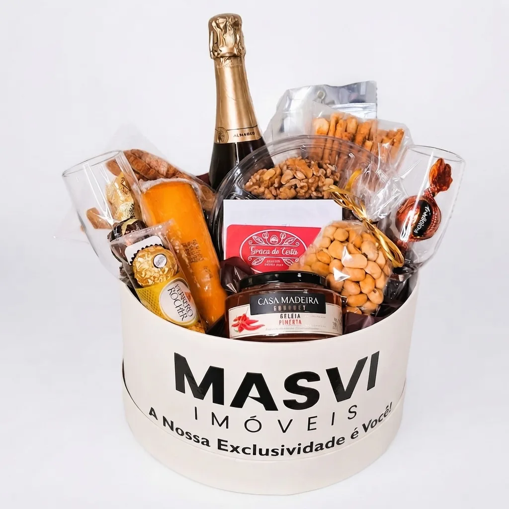 Cesta Empresarial Corporativa Acartonada Redonda G Personalizada com Espumante Petiscos e Chocolates