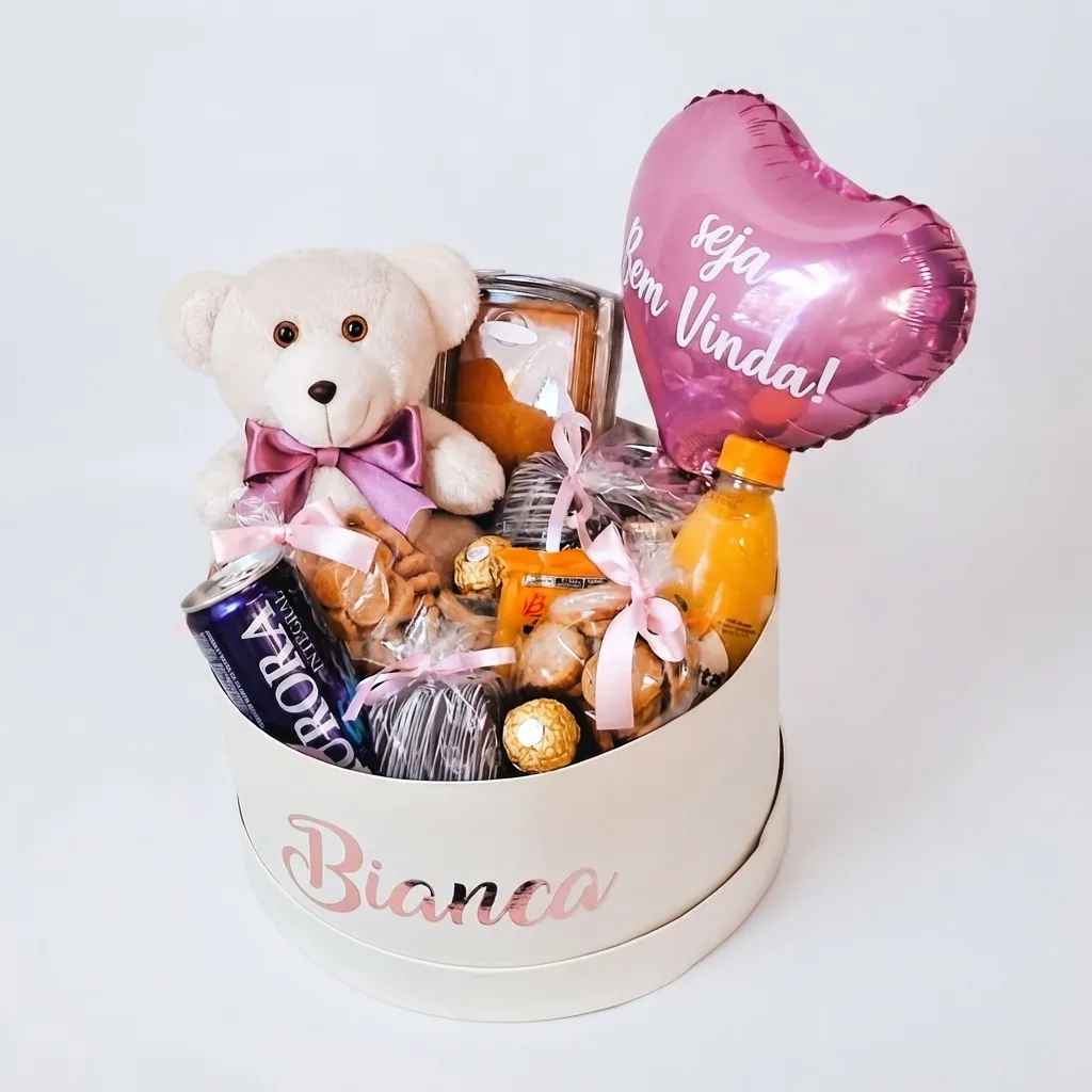 Cesta de Café Box G Personalizada com Urso de Pelúcia e Balão