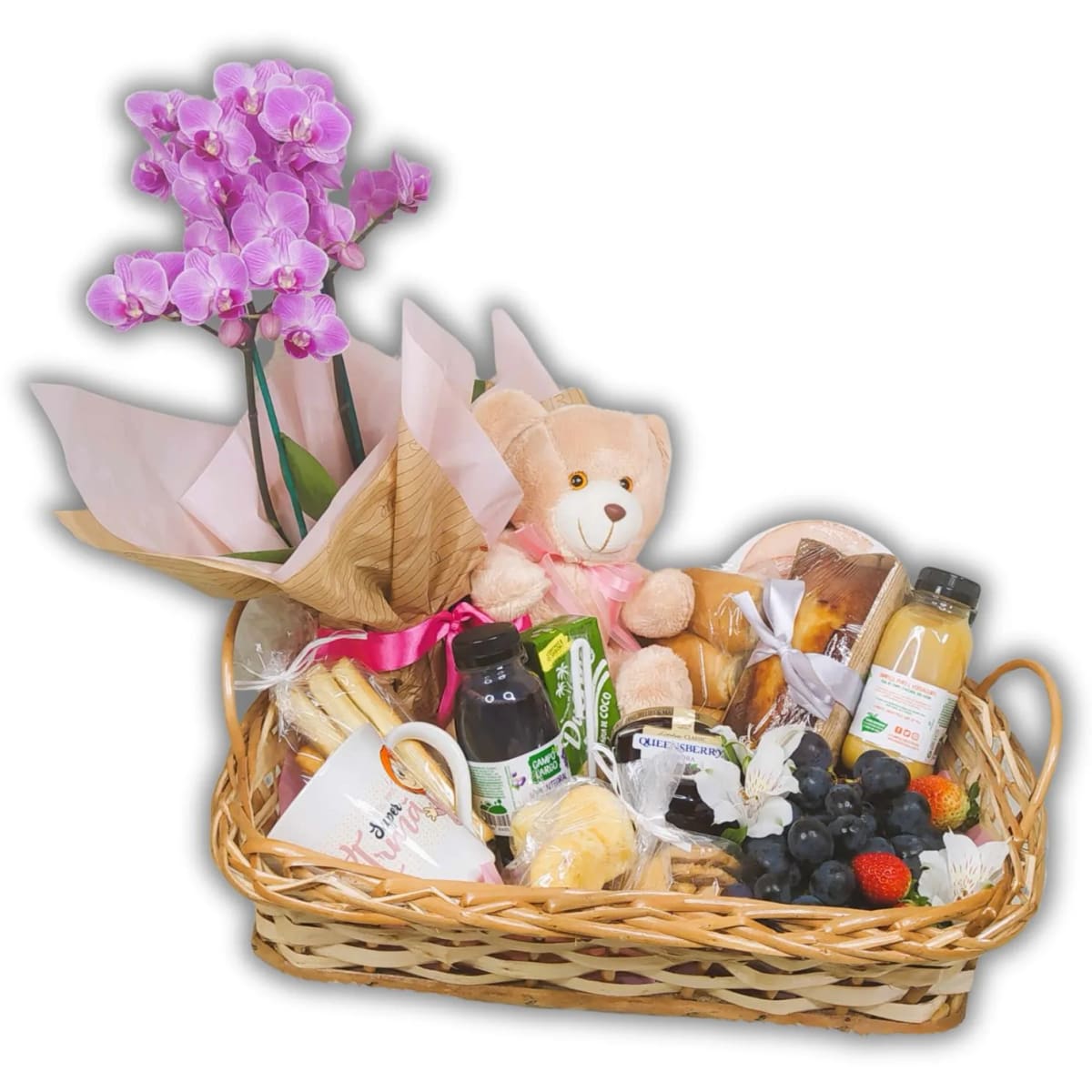 Cesta de Café da Manhã Grande em Vime com Urso de Pelúcia, Orquídea e Frios
