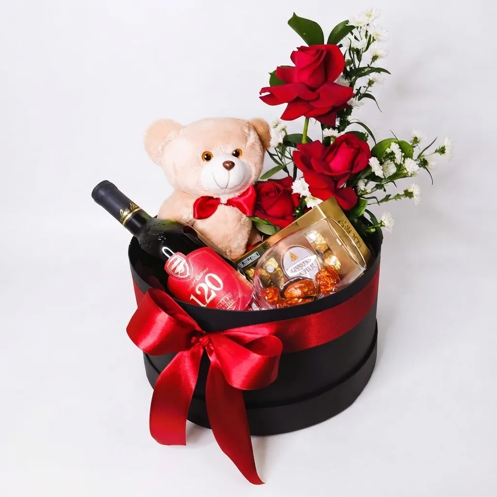 Cesta Box Luxo G Redonda com Urso de Pelúcia Bebida Petiscos e Flores