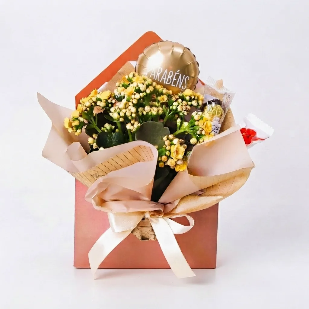 Presente Caixa Envelope com Flor Plantada e Chocolates Ferrero