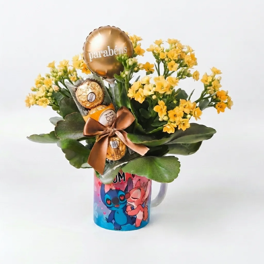 Caneca Cerâmica Stitch e Angel + Flor e Chocolates