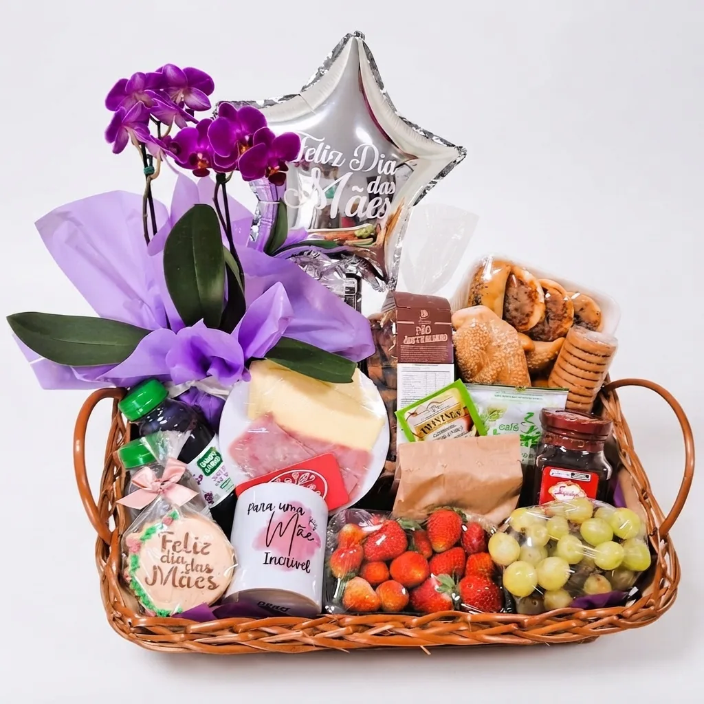 Cesta de Café da Manhã G em Vime com Orquídea Frios e Balão