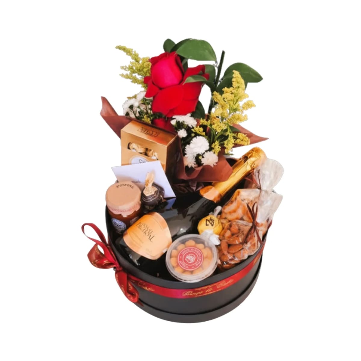 Box Luxo G com Espumante Doces Petiscos e Rosas