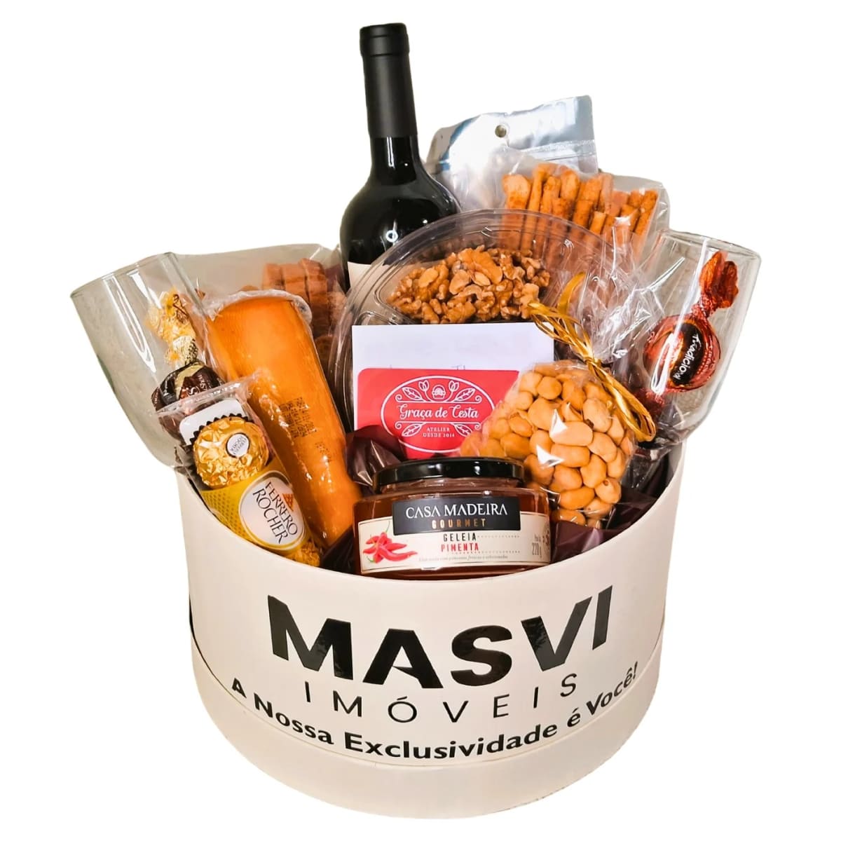 Cesta Empresarial Corporativa Acartonada Redonda G Personalizada com Vinho Petiscos e Chocolates