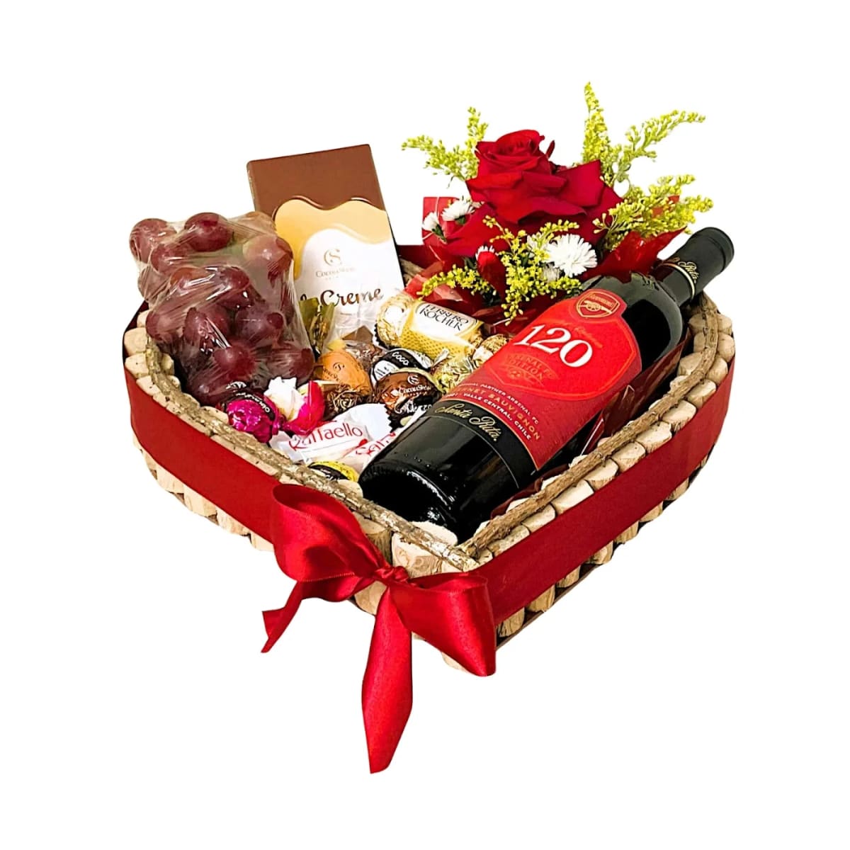 Cesta de Presente Coração Rústico G com Vinho Chocolates e Frutas