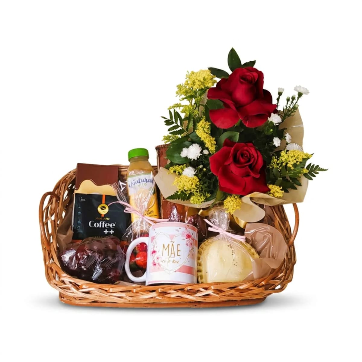 Cesta de Café Dia Das Mães M em Vime Arranjo de Flores e Caneca Personalizada
