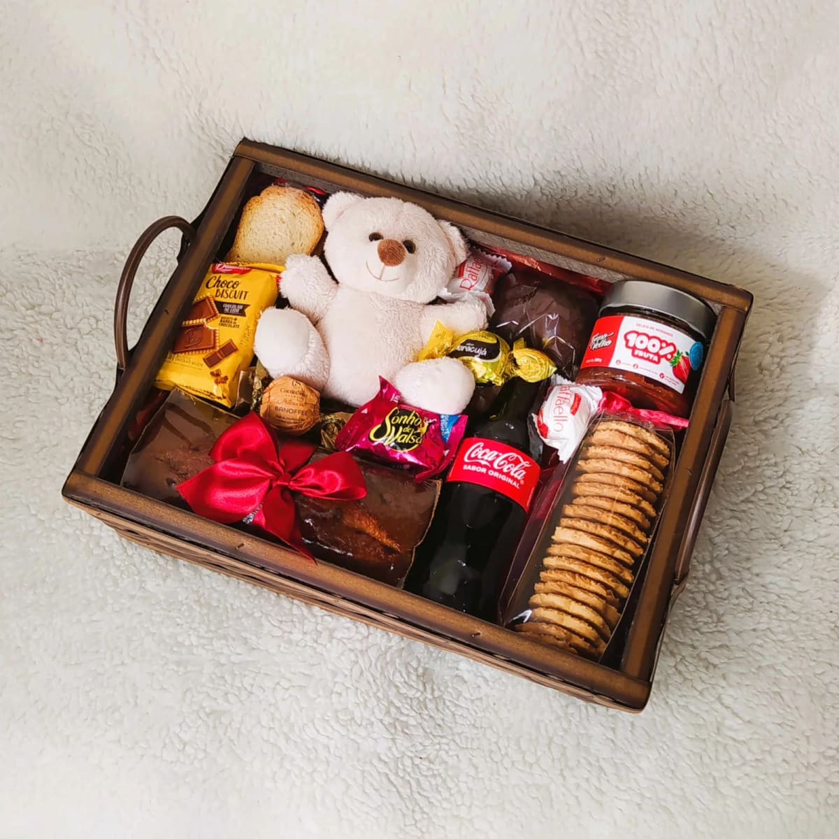 Bandeja de Café da Manhã Romântica em Vime Sintético M Urso de Pelúcia
