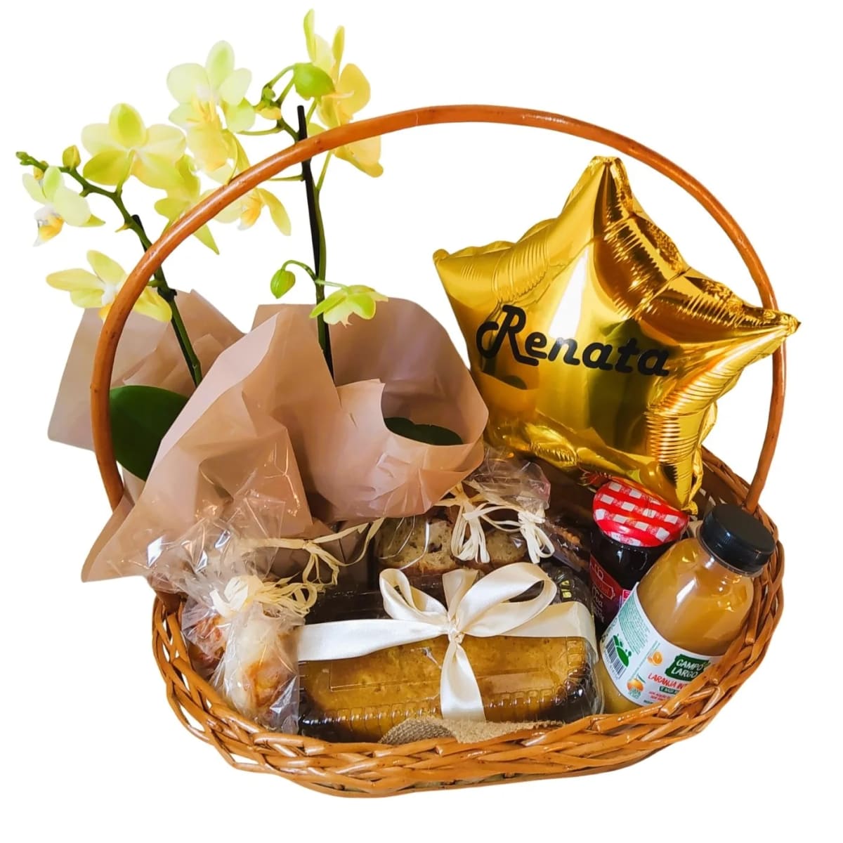 Cesta de Presente M em Vime com Balão e Orquídea