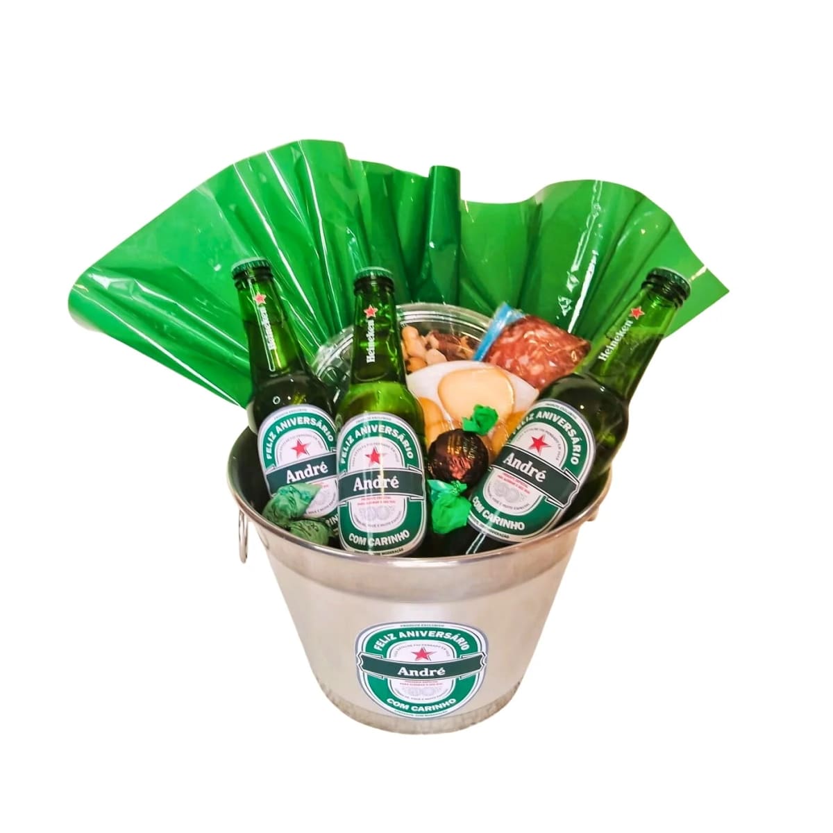 Balde Cerveja Alumínio Médio 3 Rótulos Personalizados e Petiscos