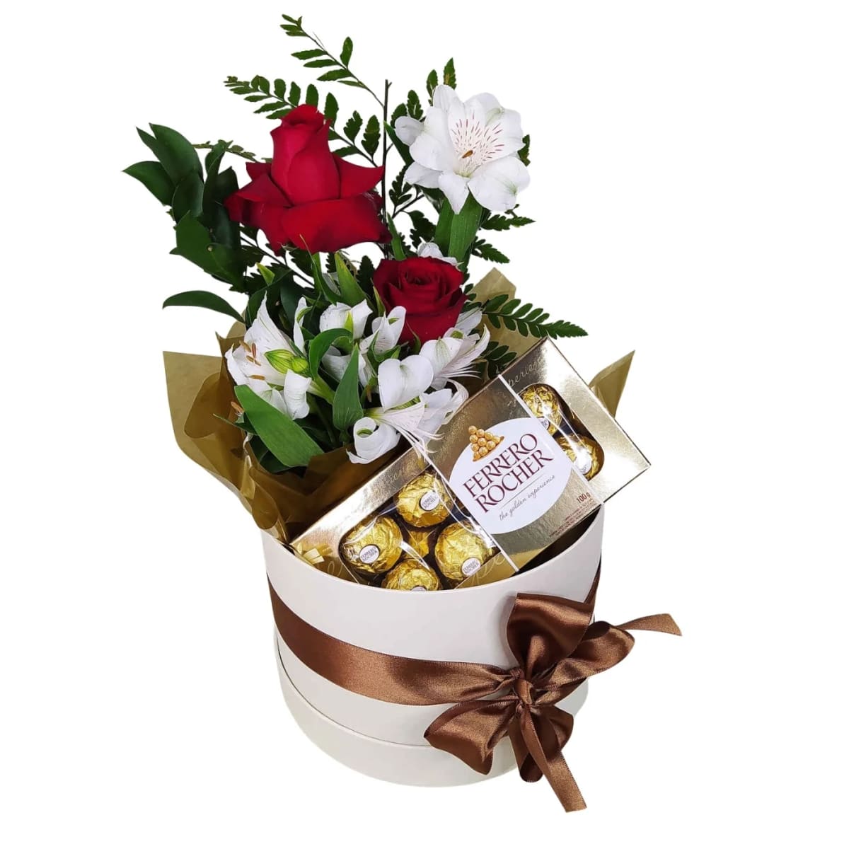 Caixa Cartonada Redonda P com Arranjo 2 Rosas e Chocolates