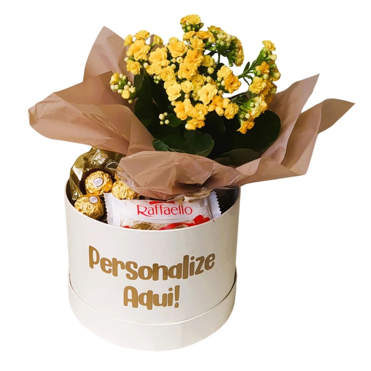 Caixa Box Luxo Redonda P com Flor Plantada e Chocolates Ferrero